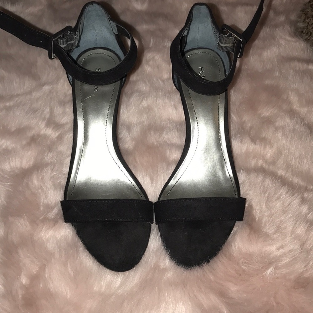 Black sweude shorter open toed heels